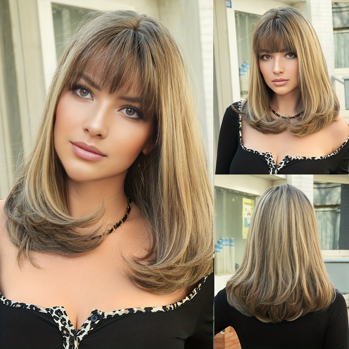 TEMU Women's Shoulder Ombre Brown Straight Wig With Bangs, Highlight Blonde Wigs For Women, Shoulder Length Hair, Synthetic Looking Wig For, Daily