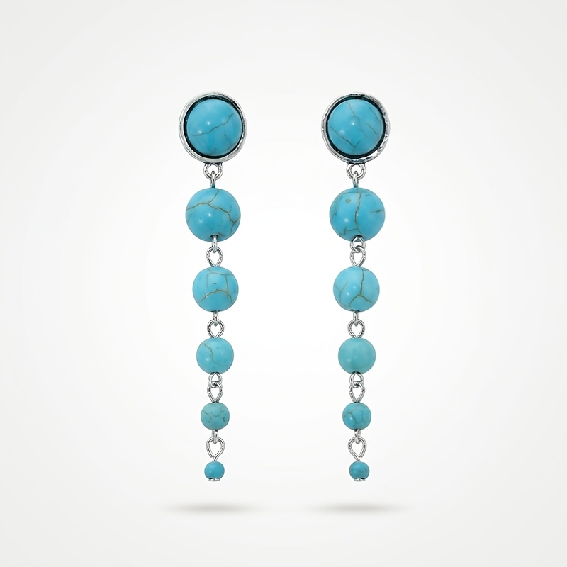 TEMU 1 Pair Of 1-pair Suitable For Bohemian Turquoise Tassel Drop Earrings - Hypoallergenic K Plated Beaded Dangle Earrings With Long Tassels,