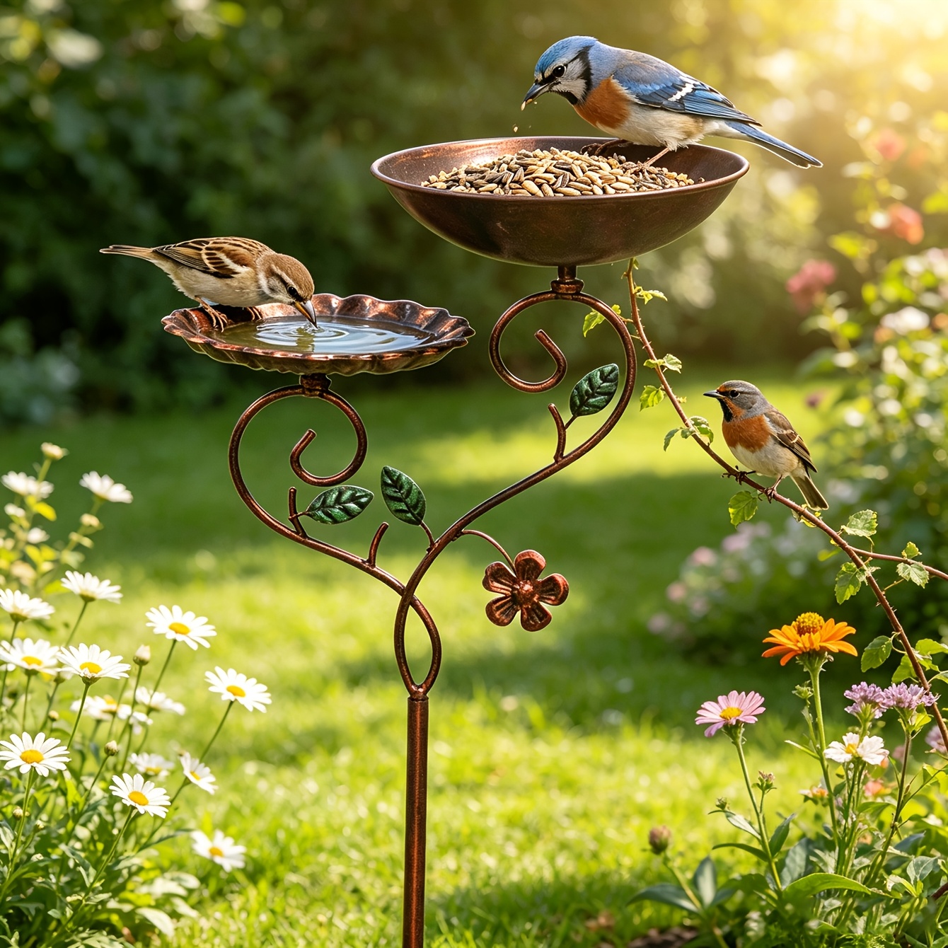 TEMU 1 abreuvoir et mangeoire à double plateau vintage pour oiseaux, insert de jardin au sol, abreuvoir pour oiseaux , station d'alimentation pour