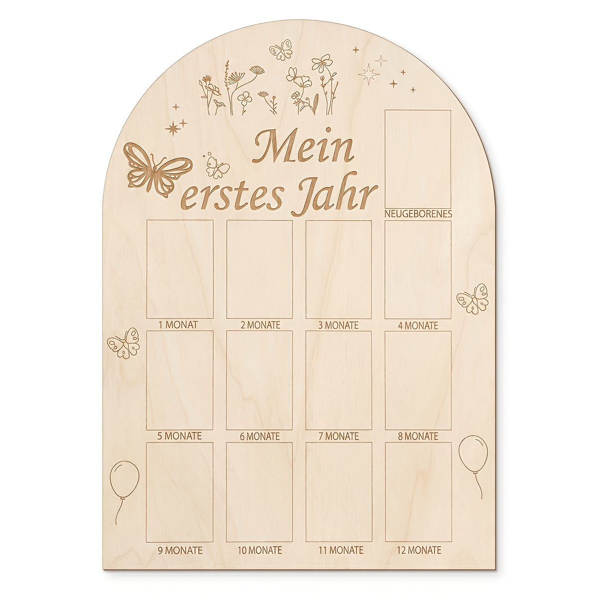 Image of German "mein Erstes Jahr" (first Year) Wooden Photo Display Board - 13-slot Monthly Picture Frame With Artificial Wood, Oval Chart Suitable For Decor, Party Backdrop, Desktop Ornament And Photo Prop