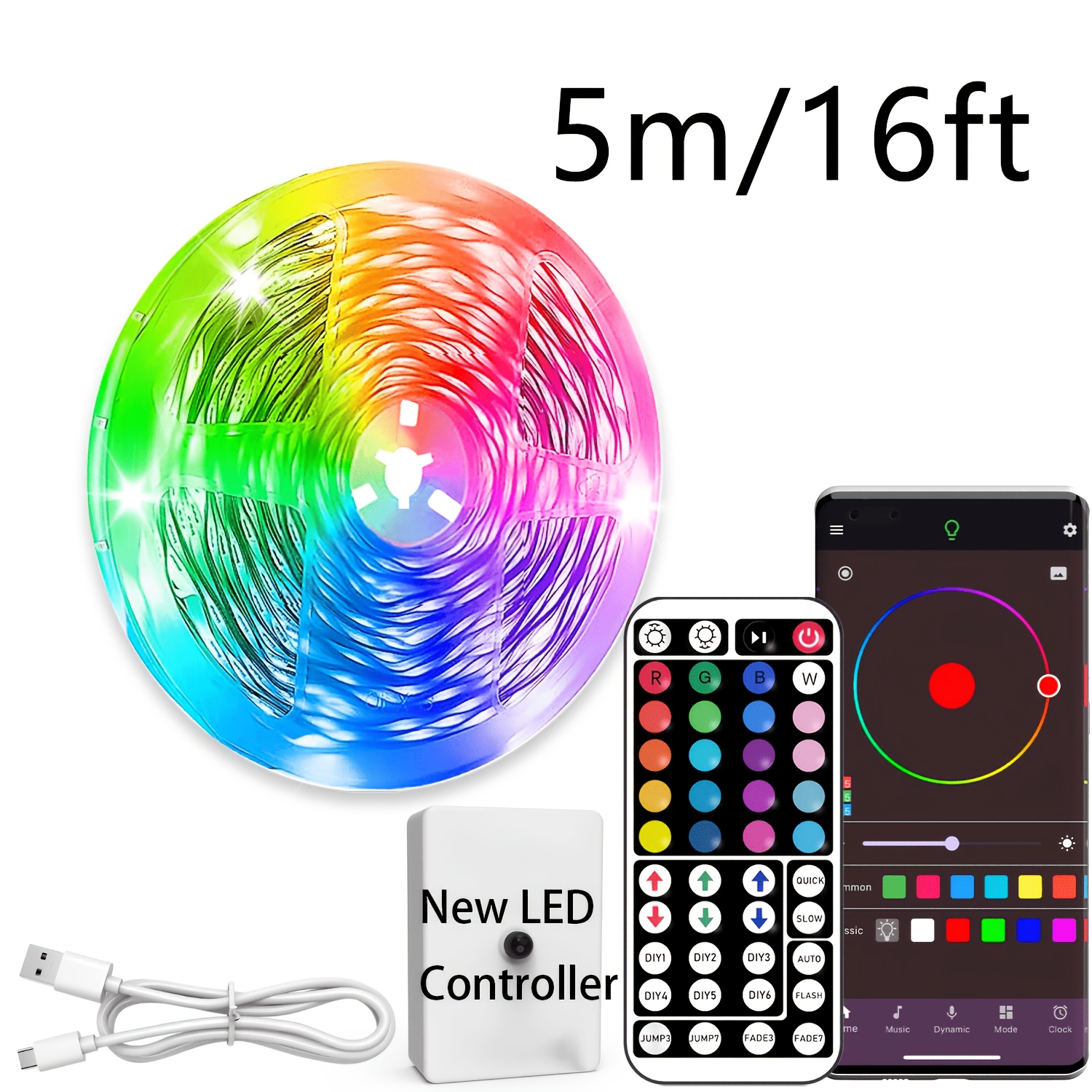 TEMU NBBUFF Slimme RGB Lichtstrip voor Slaapkamer, 3FT-100FT LED Binnenverlichting, met 44-Toetsen Afstandsbediening, Muzieksynchronisatie, Timer, en