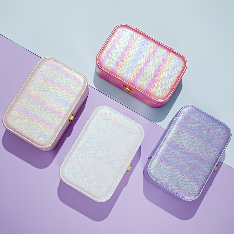 1pc holographic portable jewelry organizer box with   multiple compartments soft   leather lining   leather iridescent   secure snap closure for earrings necklaces rings watches travel friendly storage case accessory organization contemporary design Product details 3