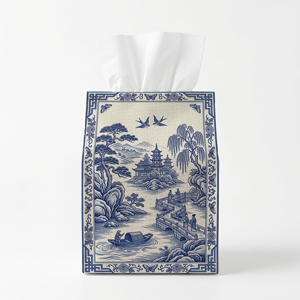 TEMU 1pc Chinoiserie Elegant Fabric Tissue Dispenser Pagoda & Landscape Framed Washable & Neat Stitching, Universal Fit For Standard Square Boxes &