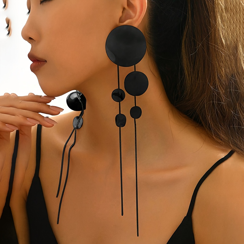 TEMU 1 Pair Fashionable Creative Geometric Round Tassel Chain Long Earrings