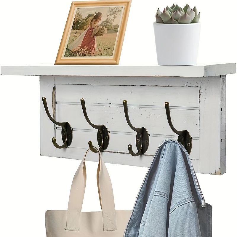 A Multi-functional Wall-mounted Wooden Coat Rack With Towel Rack And 4 Hooks, Suitable For , Bedrooms, Bathrooms, And Other Spaces. Includes Key Hooks, Coat Hooks, And Home Decor
