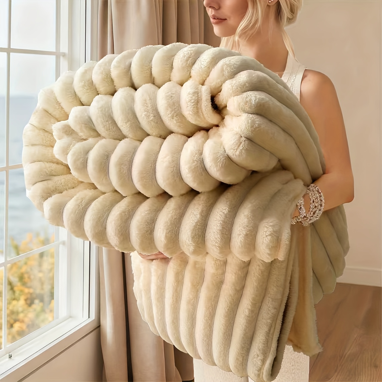 Soft Faux Rabbit Fur Children's Blanket, Stylish Striped Design
