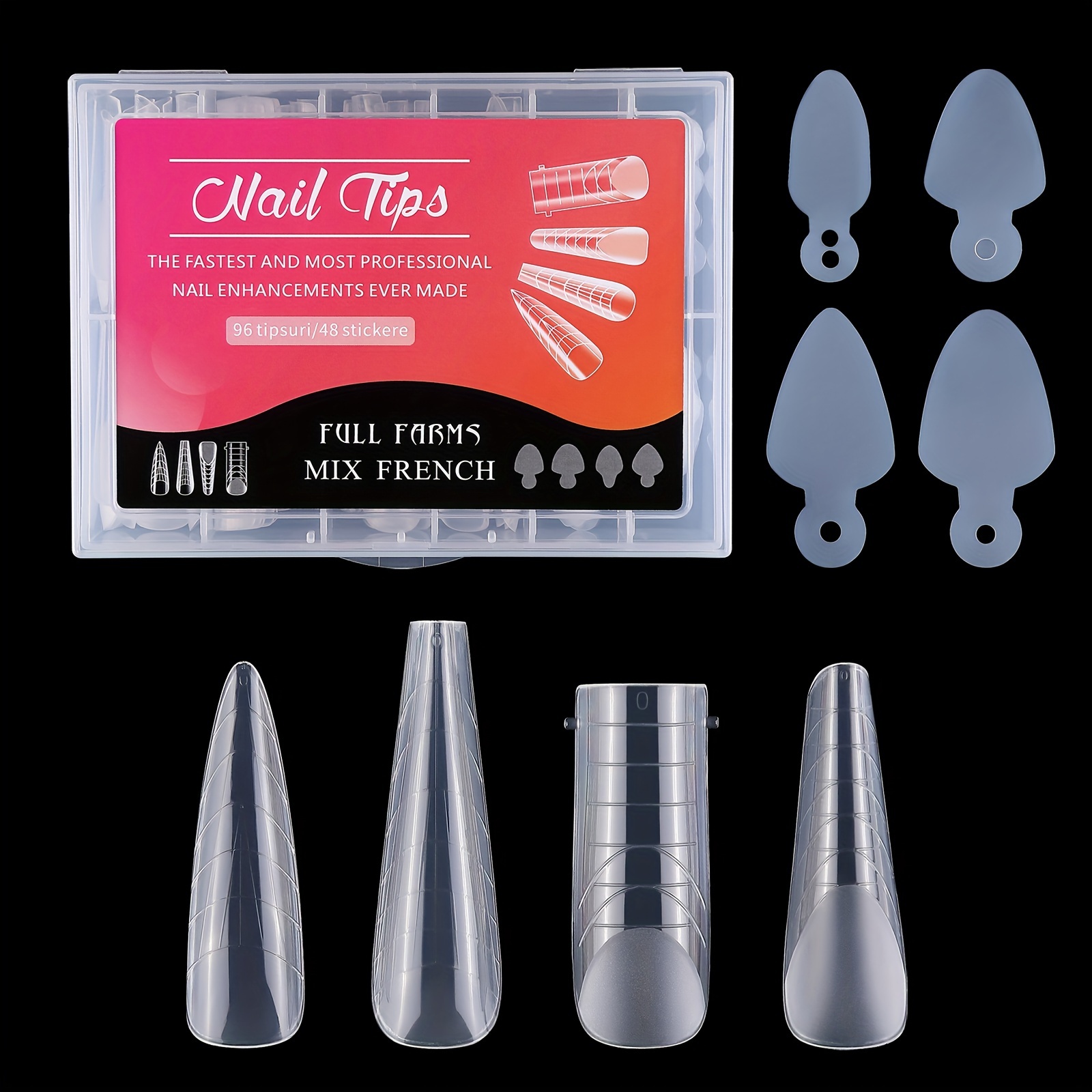 

96pcs Nail Tips Kit, Mixed Shapes Long Coffin & Stiletto Full Cover Nail Tips With 4 Types Poly Nail Gel Extensions, Clear Acrylic False Nail