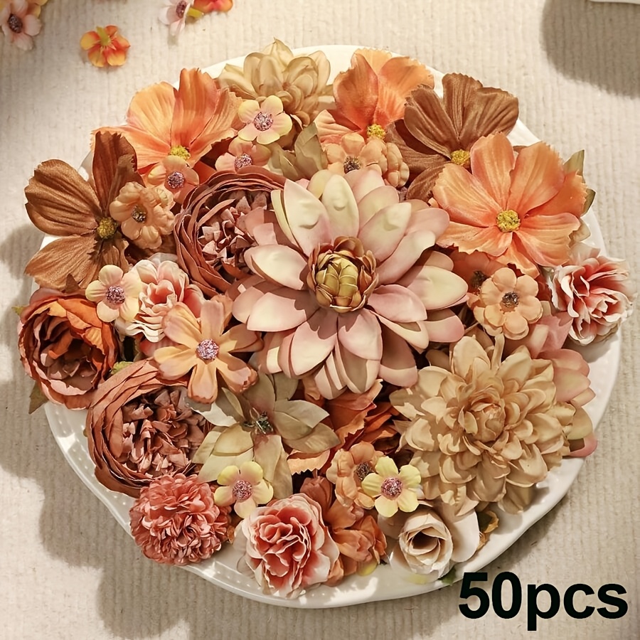TEMU Lot de têtes de fleurs artificielles en gros - Marguerites et dahlias en soie marron et orange, fleurs artificielles d'automne pour loisirs