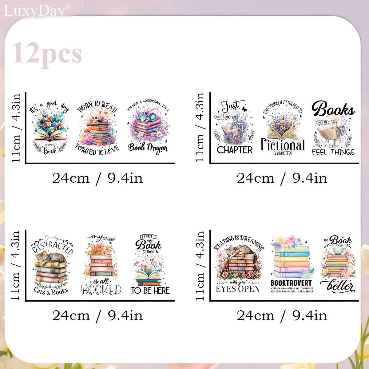 TEMU Lot de 12 papiers de transfert UV DTF à motif floral de lecture de livre - PVC imperméable, convient pour tasses, bouteilles, ordinateurs