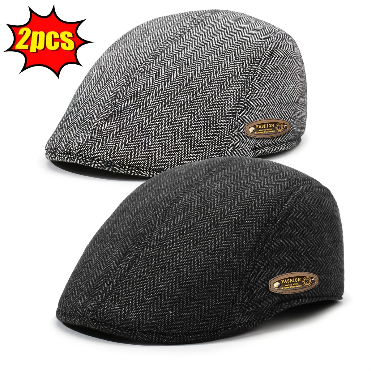 TEMU 2pcs Set Autumn Winter New Pointy Herringbone Design Middle-aged And Elderly Warm Retro Beret Front Hat Outdoor Casual Hiking Walking Camping