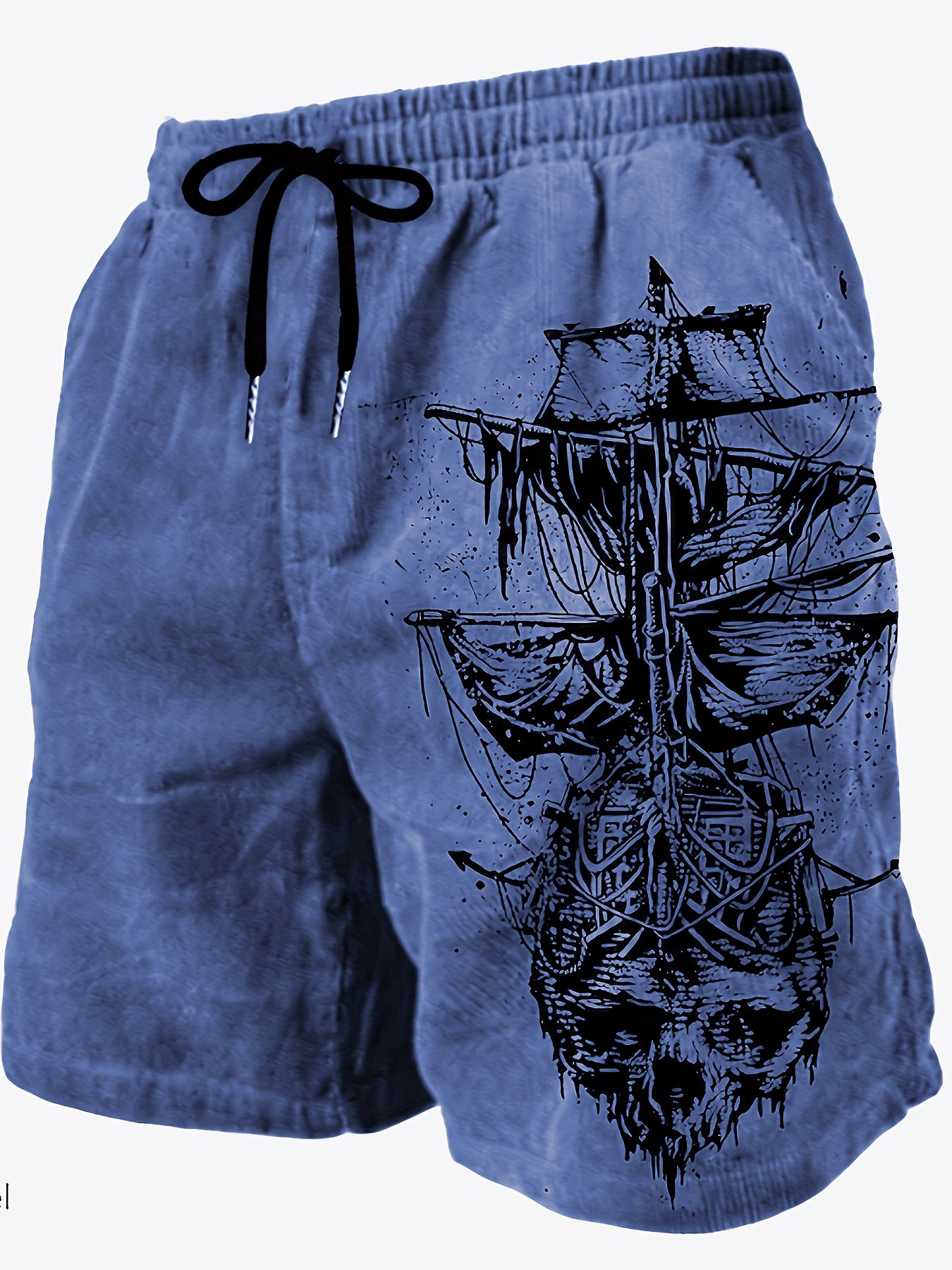 Men's Skull & Ship Print Beach Shorts - Lightweight Quick-Dry Polyester Swim Trunks with Adjustable Drawstring Waist, Regular Fit Casual Swimwear for Surfing, Pool & Summer Adventures (Khaki/Charcoal), Bathing Suits, PLUS SIZE