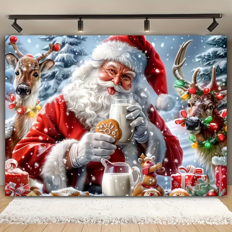 

Santa & Reindeer Christmas Backdrop - Snowy Outdoor Scene, Polyester, Living Room Decor, Live Streaming, Photo Booths - 39x59" Or 70.8x90.5, Santa Claus Eating , No Electricity Required