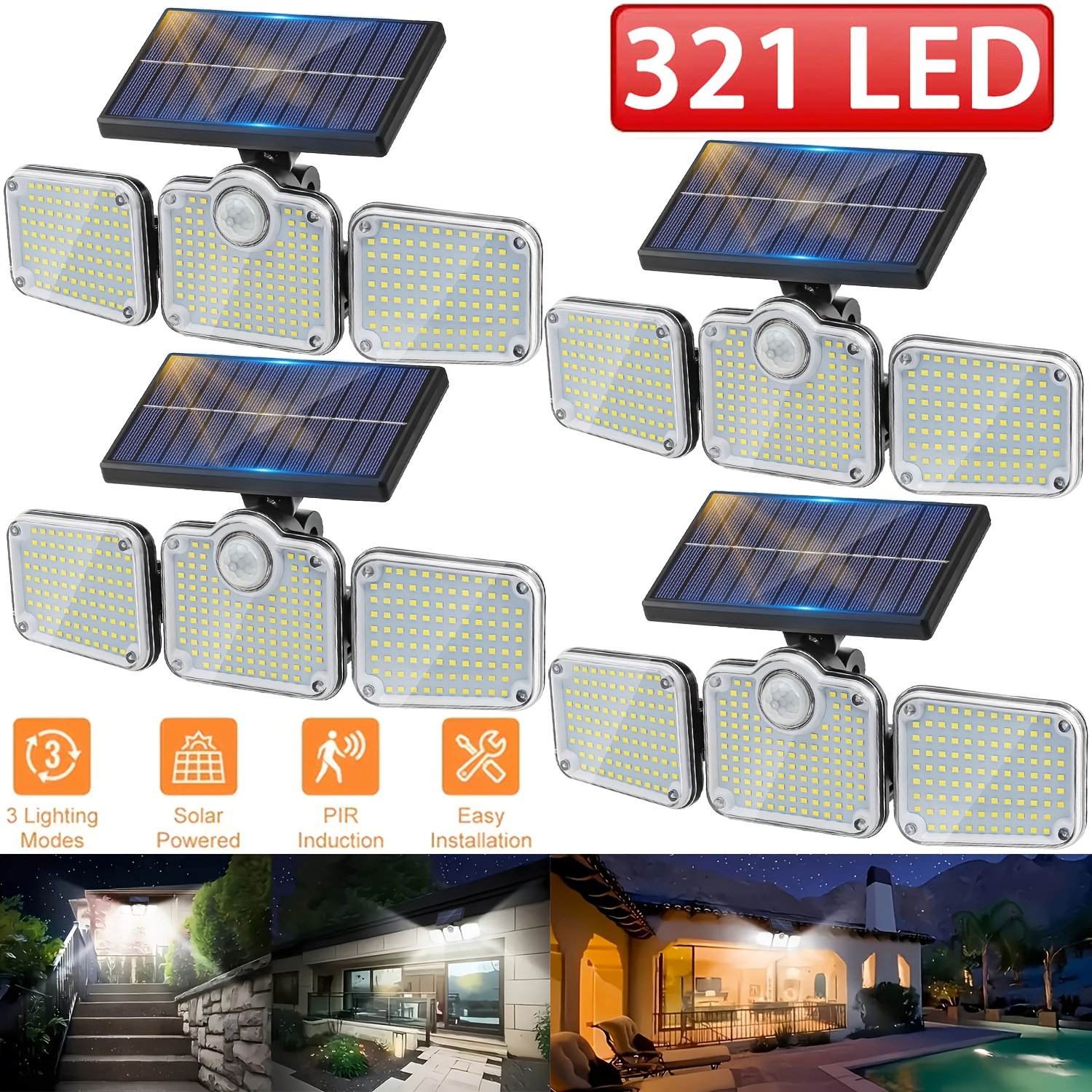 TEMU 4pcs Lampes Solaires d'Extérieur à 3 Têtes, 321 LED Lampe de Sécurité Solaire, Décorations de Jardin Lampe Murale de Sécurité Extérieure, IP65