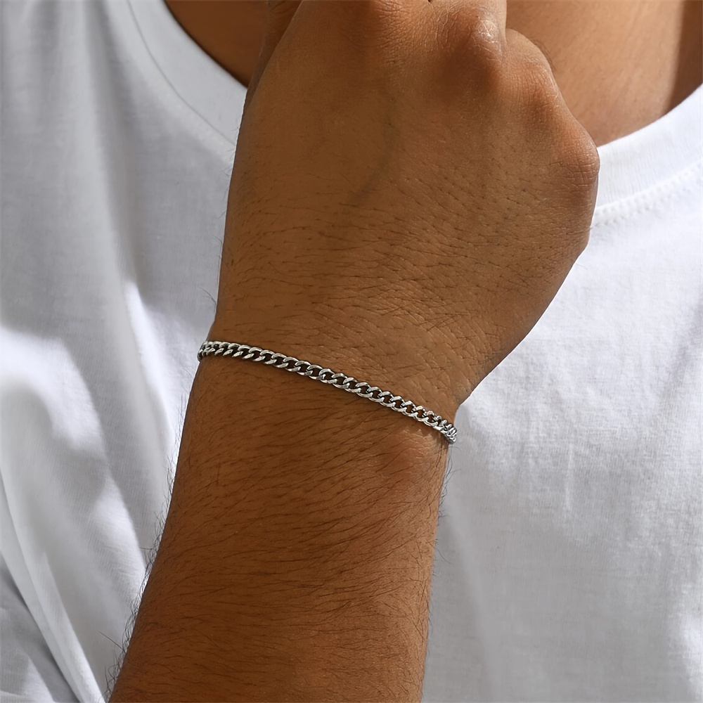 TEMU 1pc Men's Minimalist Stainless Steel Silvery Chain Bracelet Hip Hop Punk Style Fashionable Popular Jewelry Gift Party