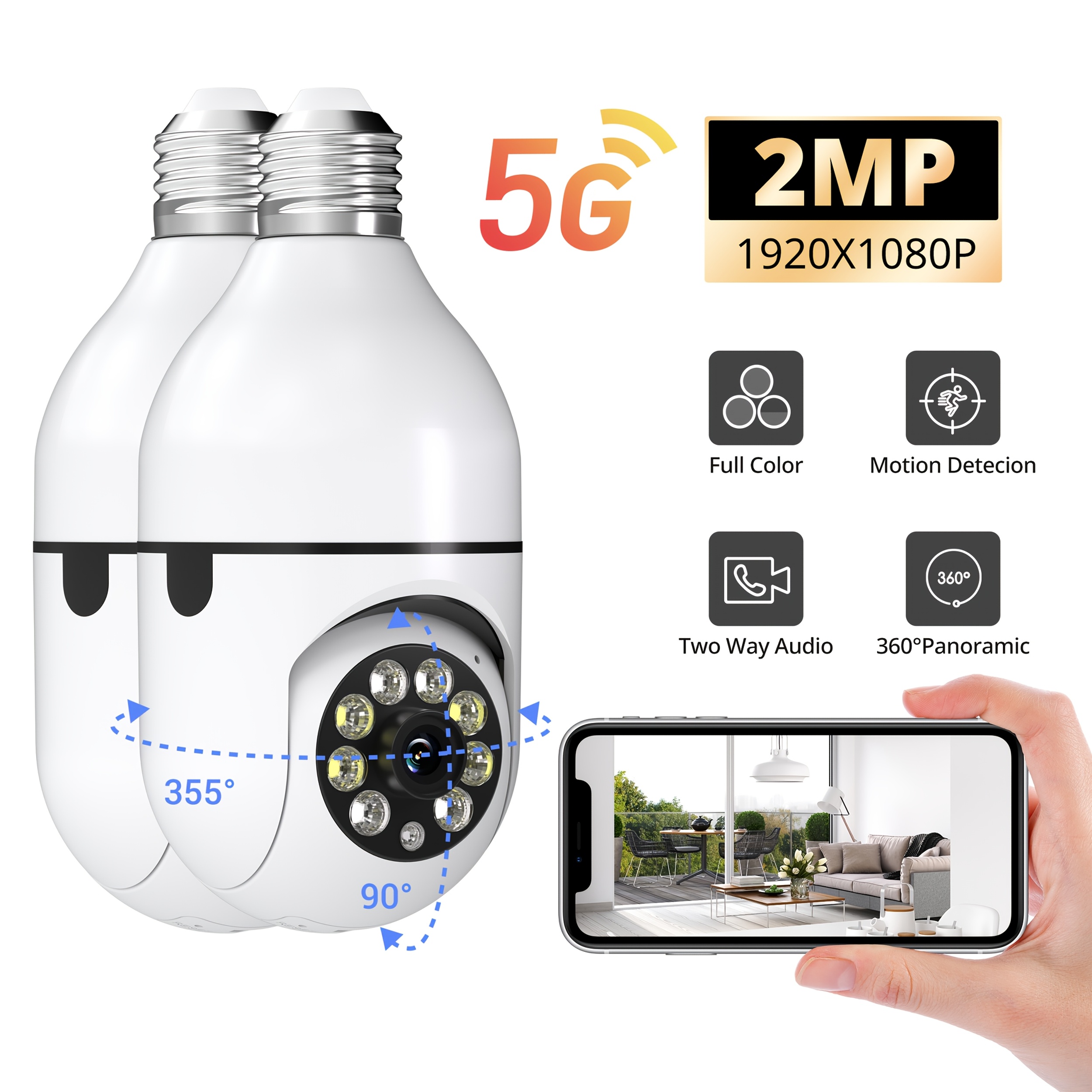 2pcs Indoor Security Cameras - Wireless 355° Panoramic View With Auto Tracking, 2.4g & Dual Band Wifi 2.4g/5g, Night Vision, , 2-way Audio, Cloud Storage - Advanced For Home Security Cameras