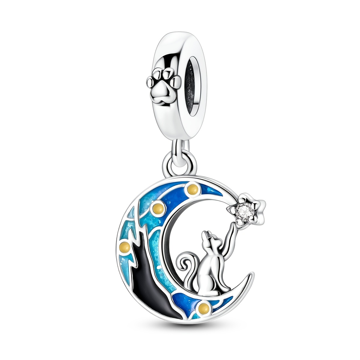 TEMU 1pc Silvery Color Charms Beads For Women Luminous Starry Sky Moon Cat Charms Jewelry Gifts Box Packaging Fits Original Bracelet Necklace Making