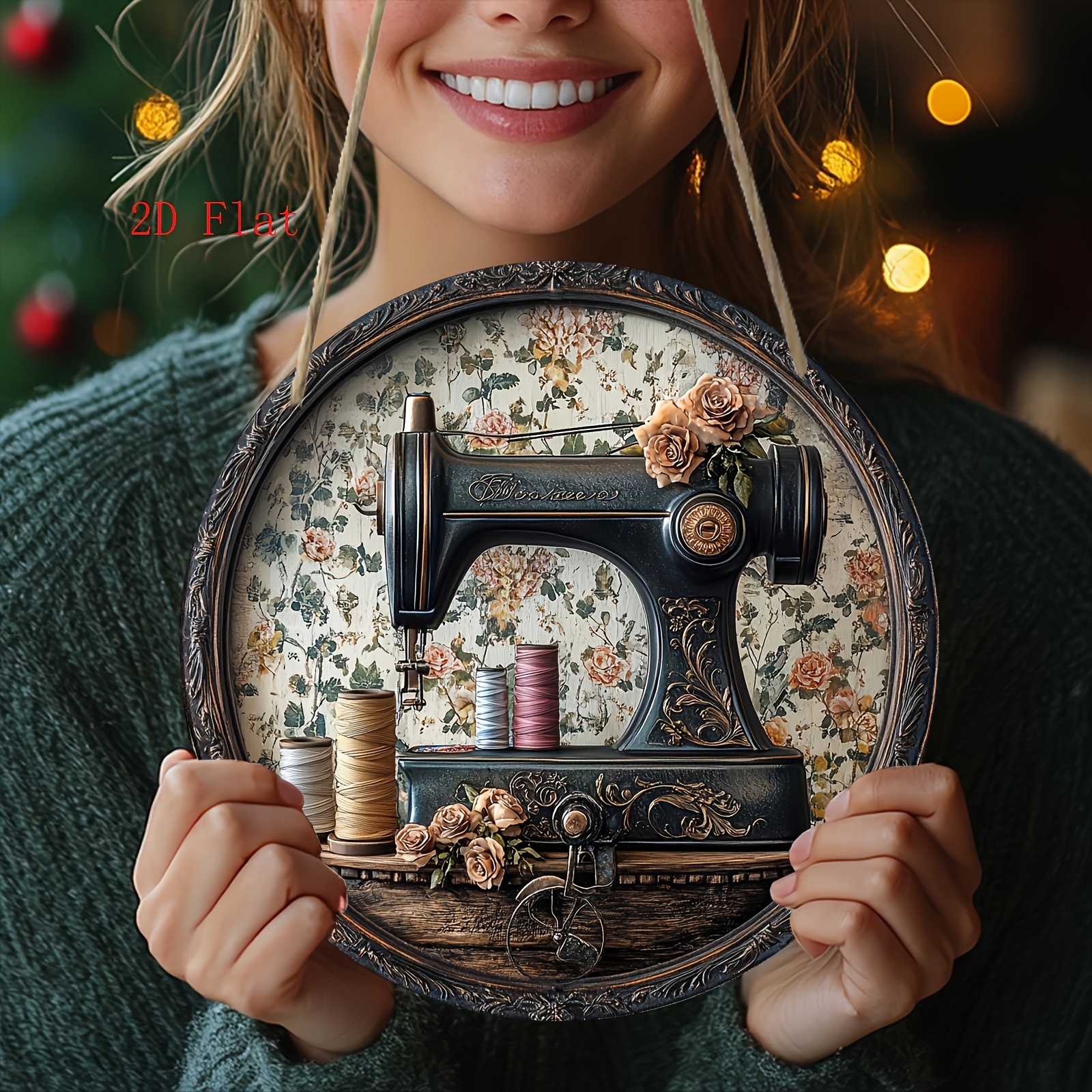 TEMU 2d Flat, 2d Sewing Machine Theme Wooden Plaque - 7.87 Inches, Easy Wall Mount, Creative , Gift For Women And Holidays, Ideal For Home, Sewing
