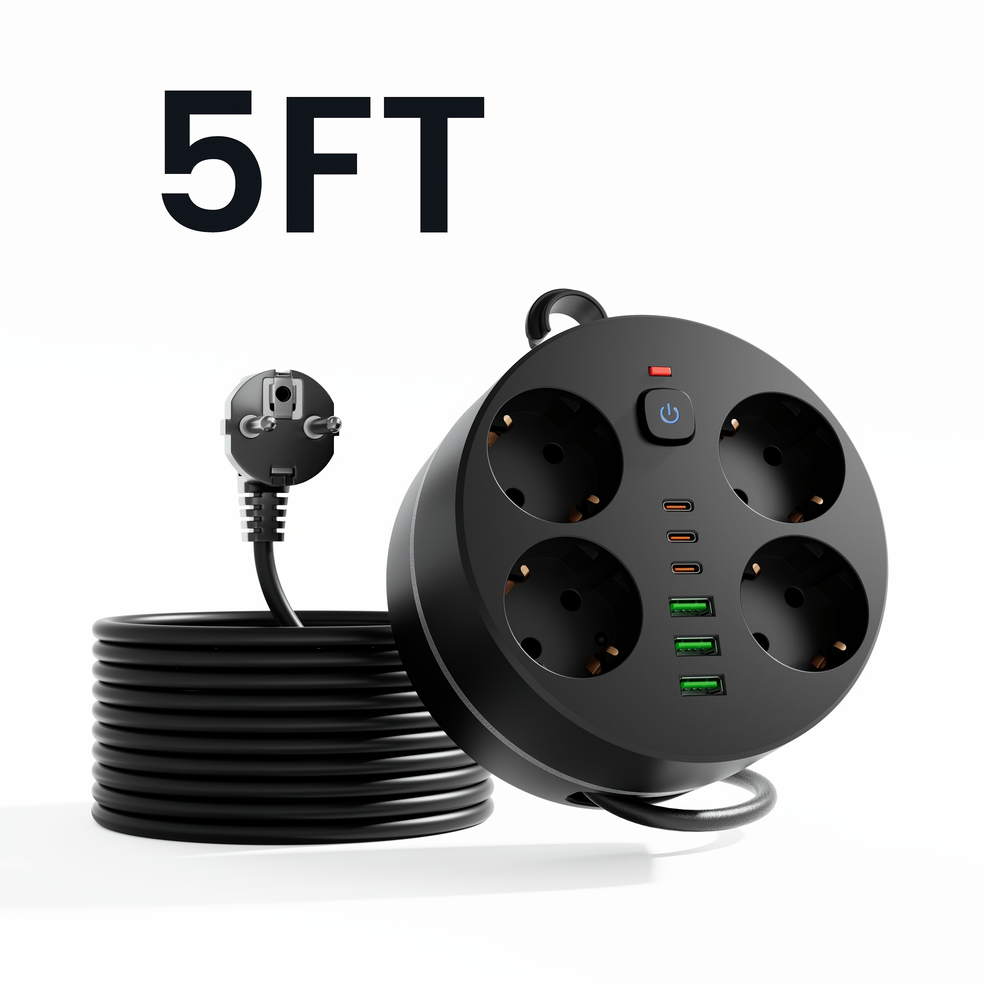Image of 10-in-1 Eu Plug Power Strip With 4 Sockets, 3 Usb And 3 Type-c Ports. Retractable Cable & Hook Design. Ideal For School, Office, Home And Travel. In Black And White.