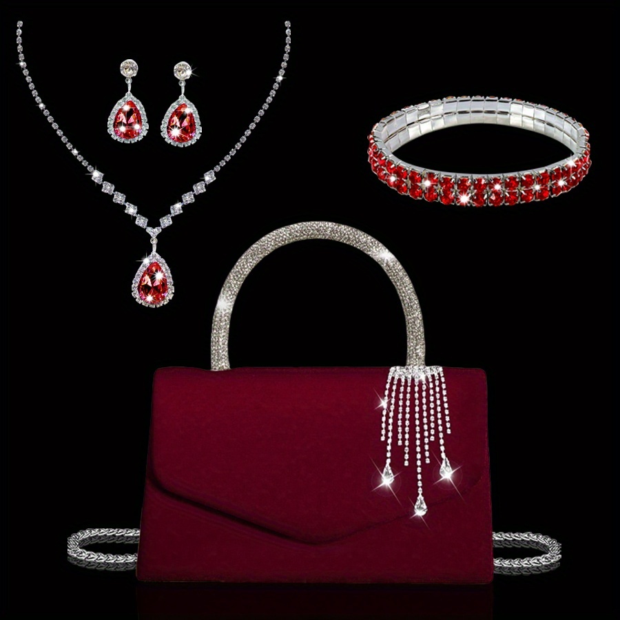 TEMU New Women's Rhinestone Evening Bag, Shiny Pendant Plush Party Bag, Elegant Bridal Wedding Bag, With Shiny Rhinestone Pendant Three-piece Set,