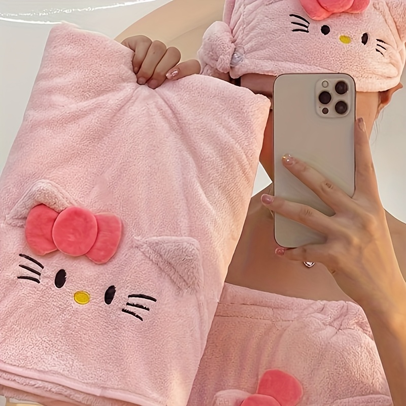 3pcs, By Sanrio, Hello Kitty Towel Set - Large Bath Towel, Quick Dry Hair Cap And Towel - Oil-Free Lightweight Non-Woven Polyester for Normal Hair - Great for Travel, Hotels, Saunas, Spas - Bathroom Essentials