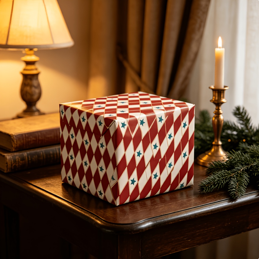TEMU 1 Roll Vintage Red Diamond Wrapping Paper, 17×118 Inches, Decorated With Teal Star Accents, Ideal For Birthday, Christmas & Gift Packaging,