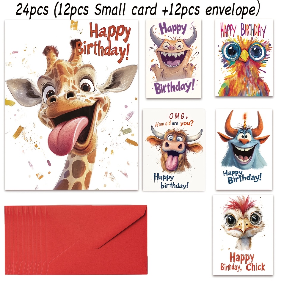 

24pcs Fun Animal Birthday & Thank You Greeting Card Set With Envelopes - Friends, Teachers, Colleagues & Employees