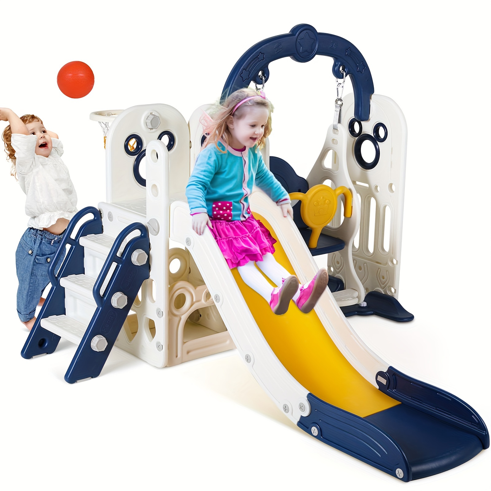 

Swing Slide For Kids, 5 In 1 Slide Climber For Toddler, With Ball & Hoop, Storage Space, Suction Cup Reinforced Base, Indoor Outdoor Playground, Gift For Boys And Girls