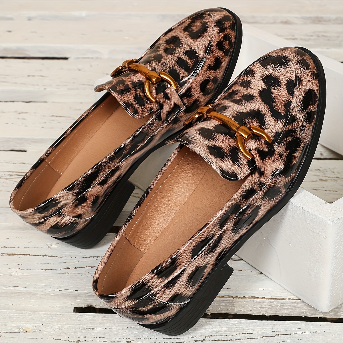 womens leopard print loafers stylish slip shoes metallic Temu - Main Image