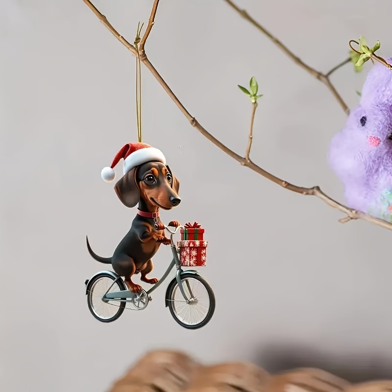 

1-pack Festive Dachshund On Bicycle Acrylic Keychain - Flat 2d Design Dog Pendant For Car Mirror, Home Decor, And Holiday Party Gifts