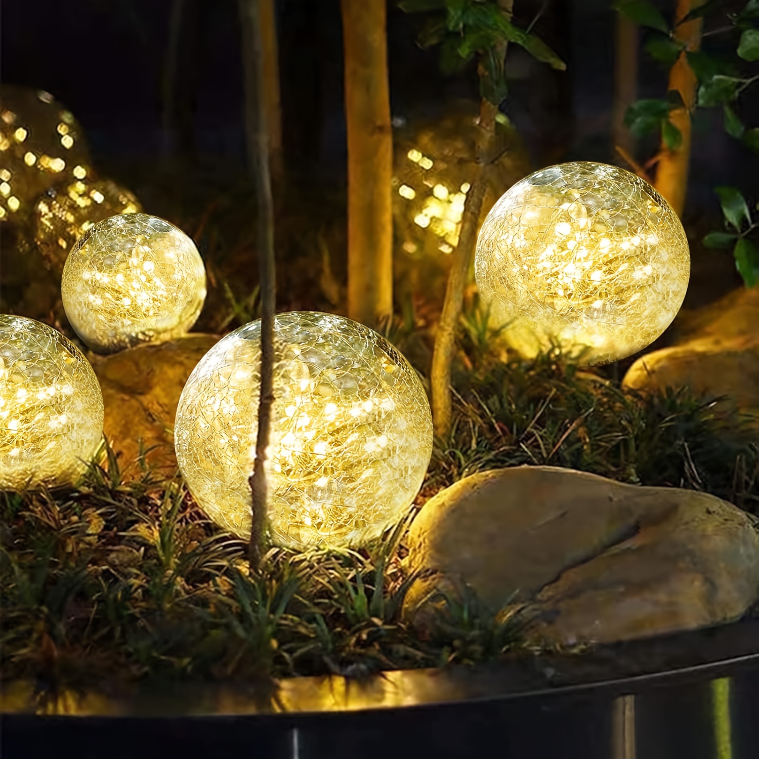 TEMU 4 Solar Spherical Lights, Outdoor Solar Garden Spheres, Outdoor Cracked Glass Globes, Outdoor Solar Spheres, Christmas Decorations For