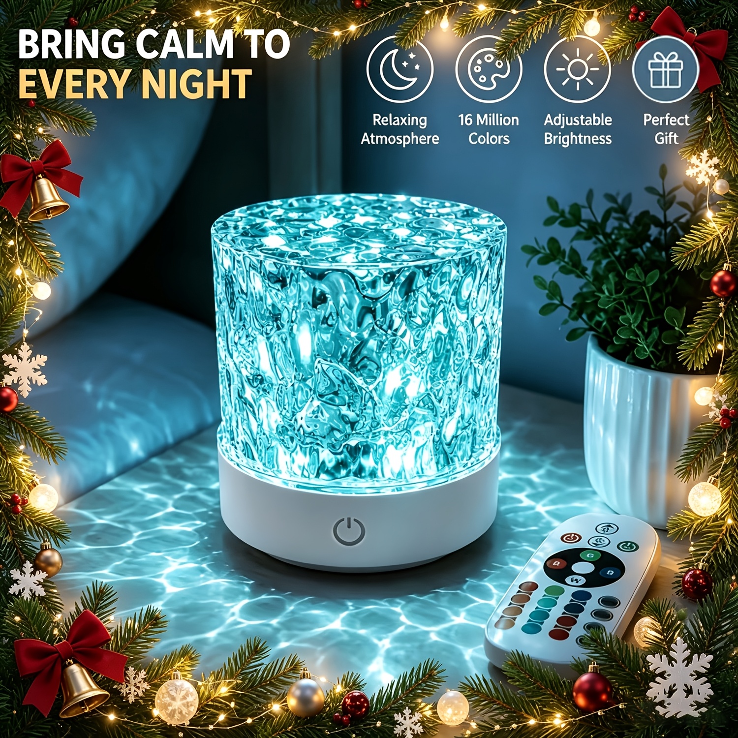 TEMU Lampe à projection d'ondulation d'eau 2026 améliorée alimentée par USB | statiques multicolores | Veilleuse à cube de cristal de glace à