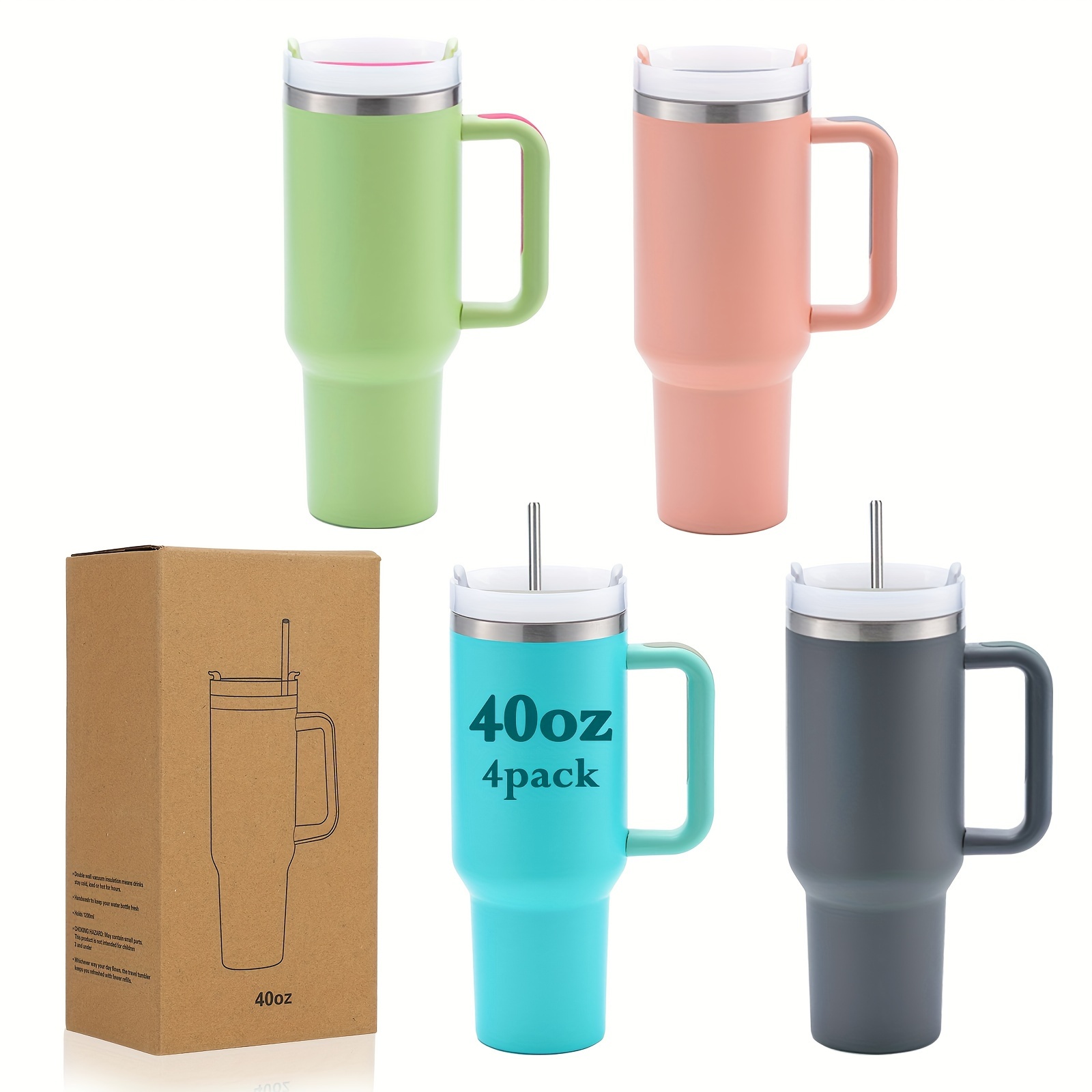 

4pack, 40oz Tan With Handle, 40oz Rubber Coated With Handle, With Straw And Rubber Bottom, Stainless Steel Double Wall Insulated Cup, For Holiday Gift, Outdoor Sports, Travel Camping