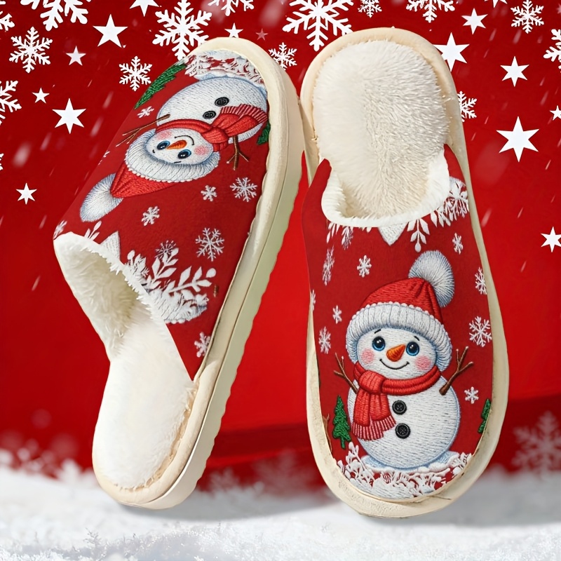 Image of Exquisite Style Christmas Snowman Reindeer Snowflake Fleece Home Slippers, -friendly Couple Unisex Home Holiday