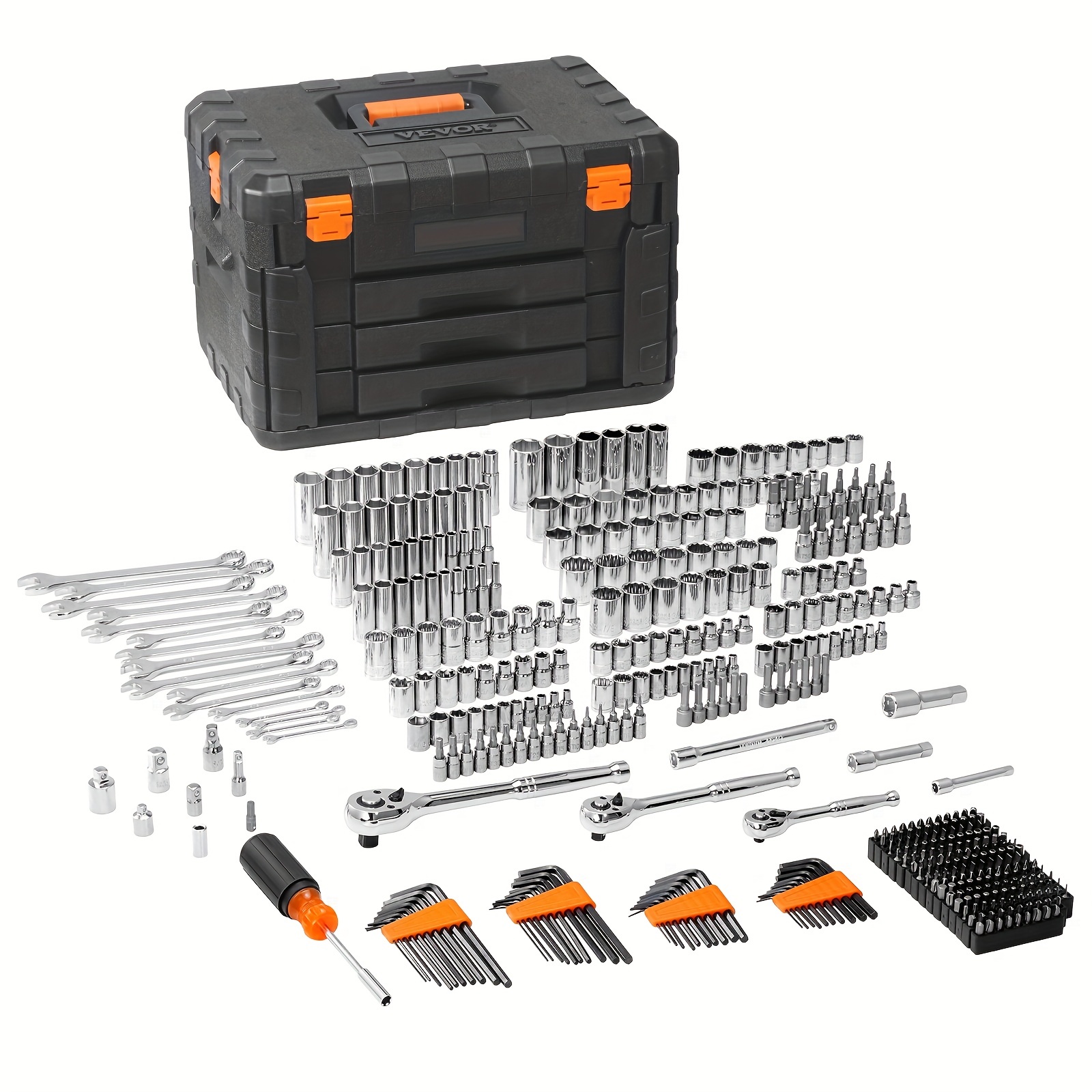 

1/4" 3/8" 1/2" Drive Deep And Standard Sockets, 450 Pcs Sae And Metric Mechanic Tool Kit With Bits, Mechanics Tool Set And Socket Set, Hex Wrenches, Combination Wrench, Accessories, Storage Case