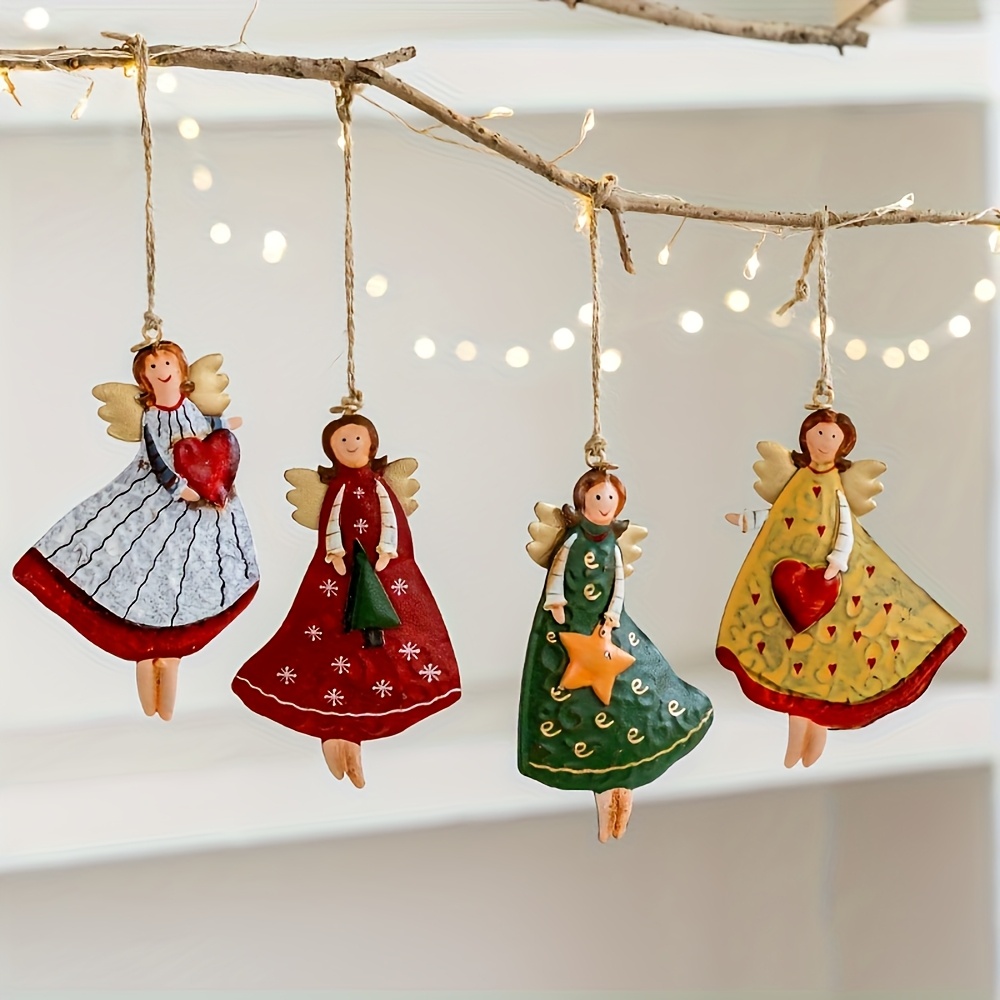 Image of Set Of 4 Vintage Hanging Ornaments - Fantasy Themed Wooden Christmas Tree Decorations, Lightweight Festive Design, No Electricity Or Batteries Required, Non-feathered Vintage Style Decor
