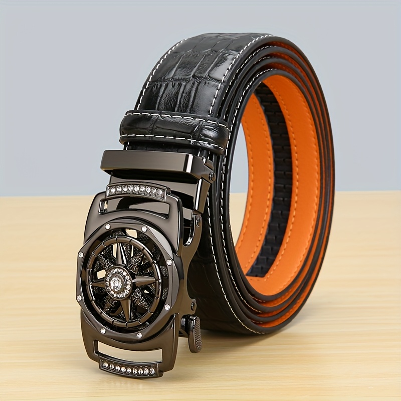 TEMU Men's Luxury Rotating Automatic Belt With Sparkling Rhinestone Design - Versatile , Golden-tone Alloy, Ideal For Formal & Casual Wear, Formal