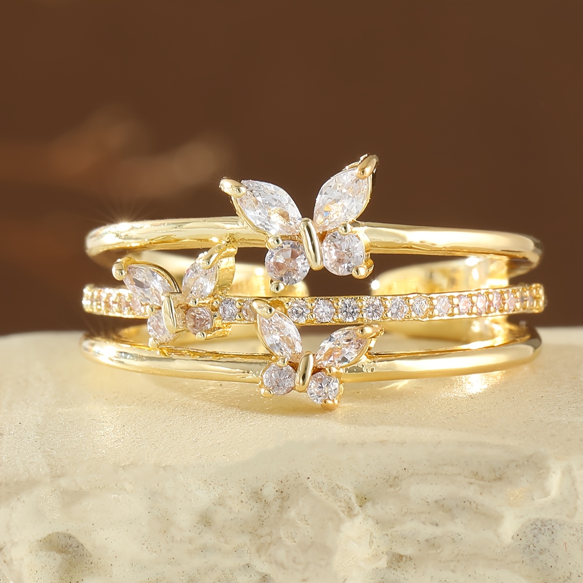 Women's Vintage Open-End Ring with Three Butterflies and Synthetic Zirconia