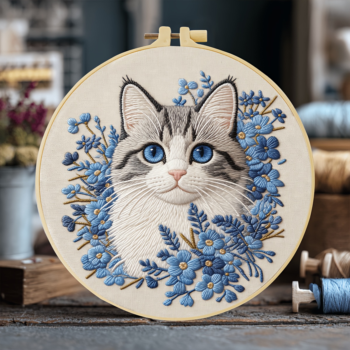 TEMU New Embroidery Kit, 20x20cm/7.9x7.9inch, Cute Cat Design, Handmade Embroidery Set, Suitable For Adult Beginners, Includes Canvas, Manual, Hoop,