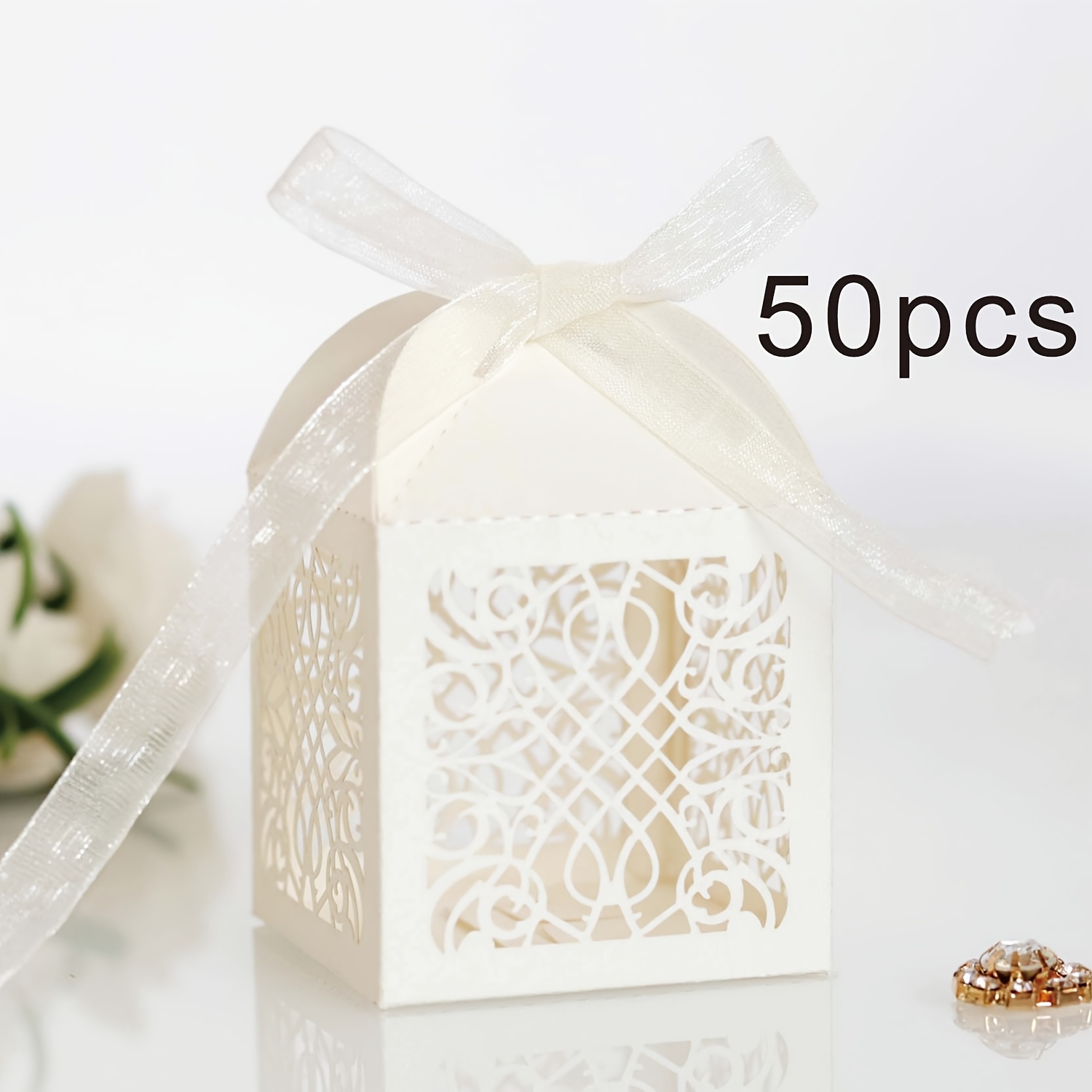 E-shop 50 Stück Muster-Süßigkeitenbox Schokoladengeschenkbox Laser-Cut Hochzeitsgeschenke Geburtstagsparty Brautdusche mit Band 50 Stück Beige