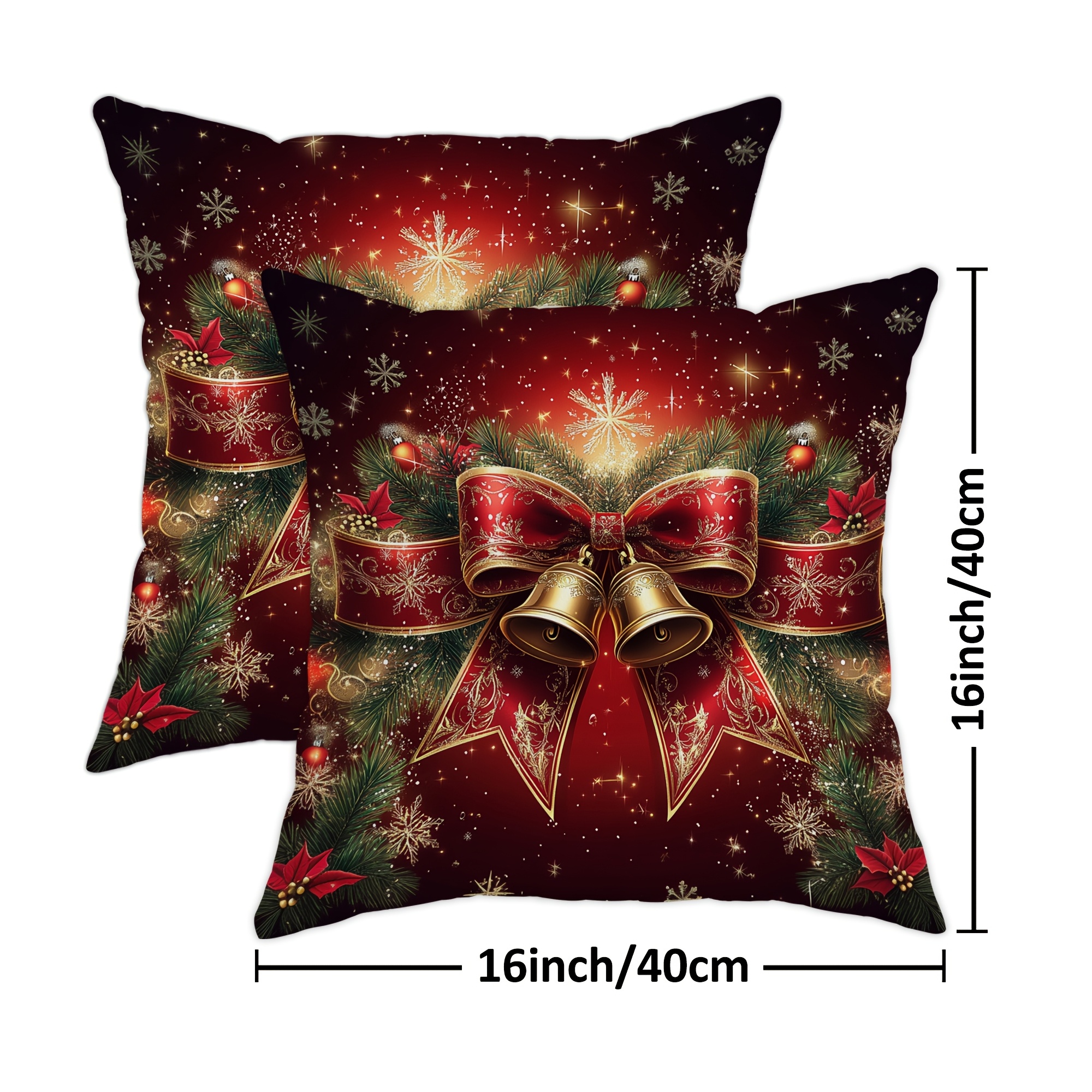 TEMU 2 Stück Weihnachtsdeko Rote Schleifen Glocke Tannennadel Deko Samt Kissenbezüge Gemütliche Weiche Dekorative Kissenhüllen für Weihnachten Winter