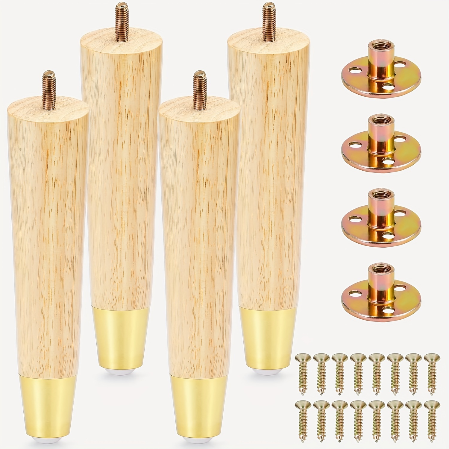 

Wood Furniture Legs With Gold Cap, Sofa Replacement Wooden Leg Set Of 4, , Dresser Legs, Couch Legs, Recliner Legs, Wooden Legs For Sofa