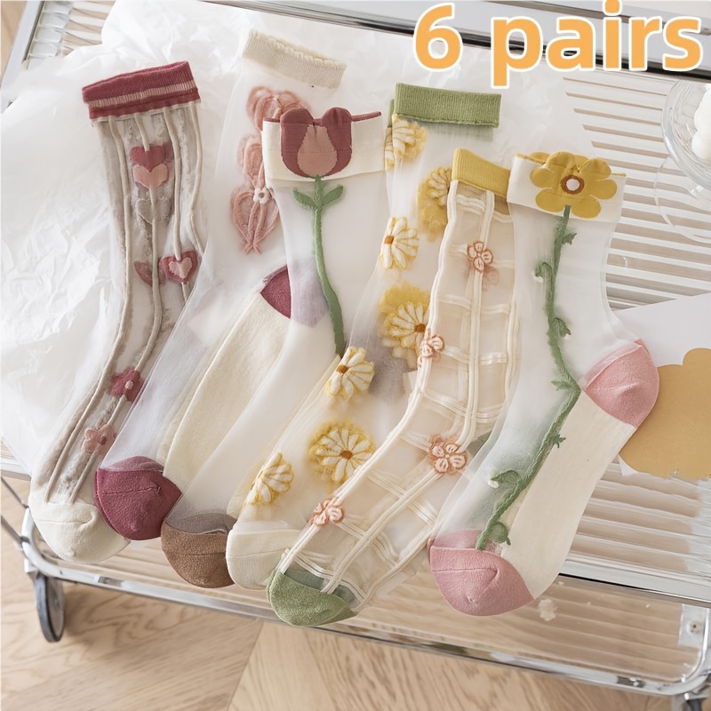 E-shop 3/3/6 Paar Dünne Eis Socken Kurze Socken Kristall Socken Tulpen Sommer Lockere Spitze Hochelastisch Sommer Atmungsaktiv Gut Aussehend