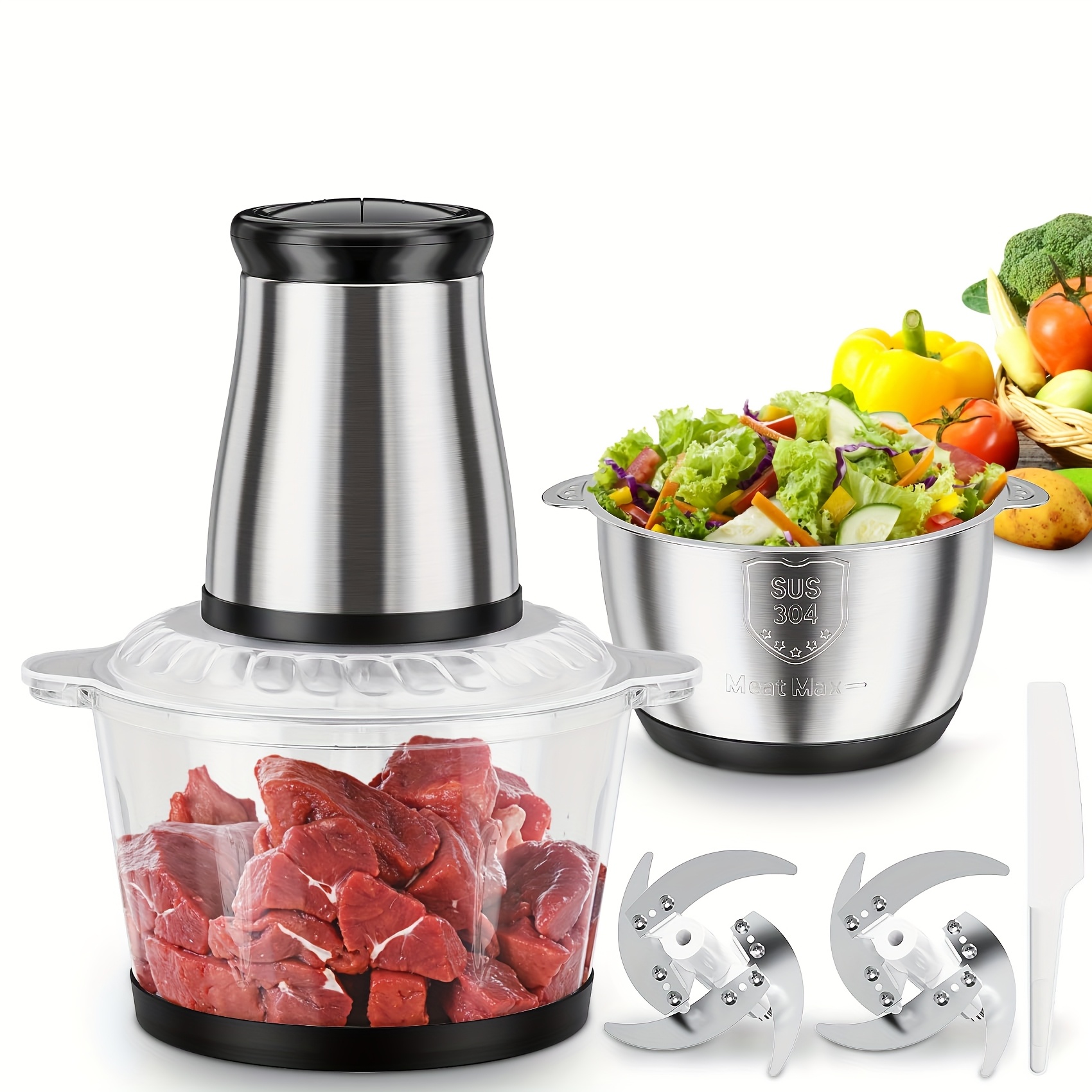 2 speed electric food processor and meat grinder with powerful motor heavy duty dual bowl system 8 cup glass stainless steel bowl safety lock blades for meat vegetables nuts dough ideal for home kitchen commercial use compact countertop design sharp blades Product details 0