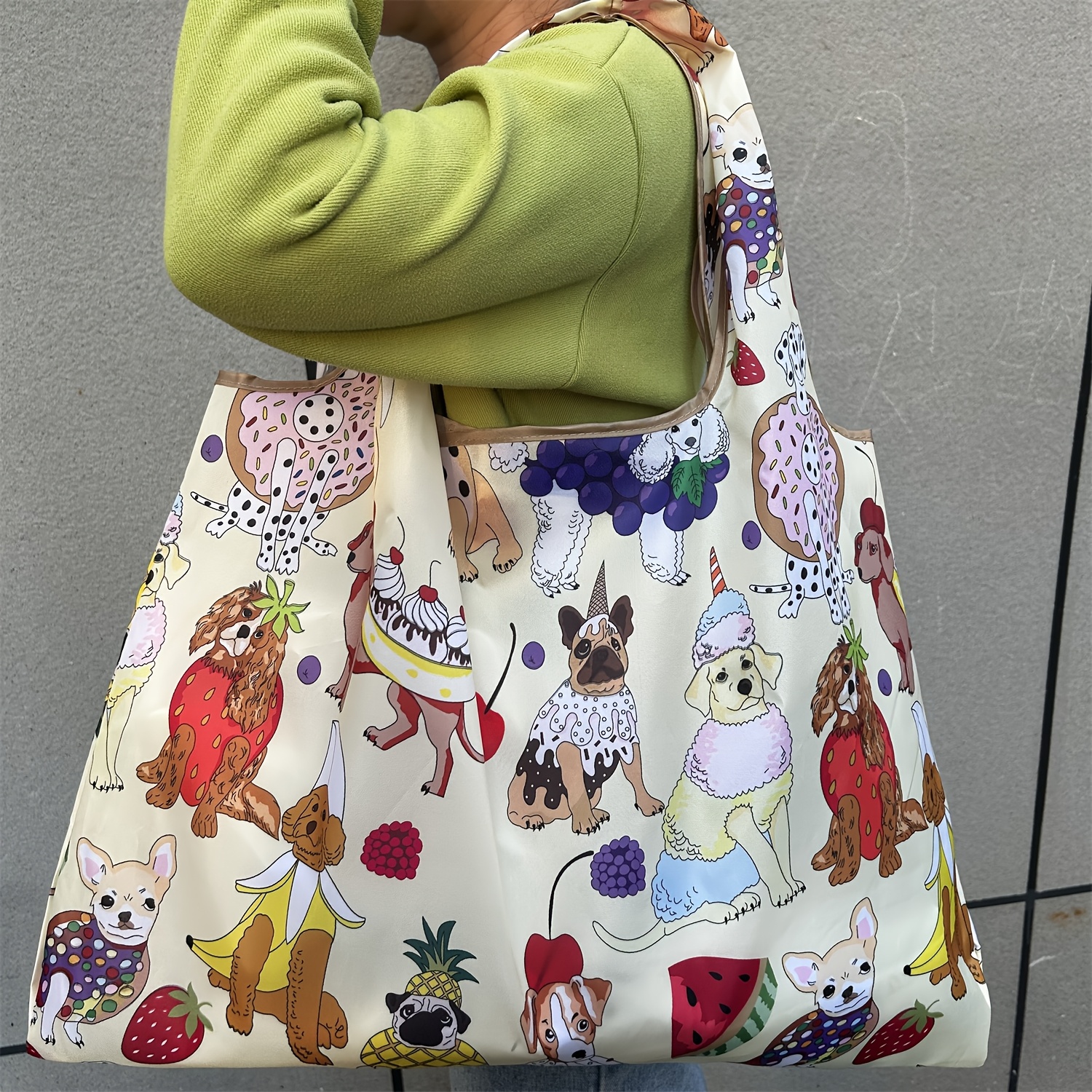 E-shop Große Kapazität Faltbare Tote Tasche - Leichtgewichtes Nylon, Cartoon Tierdesign mit Erdbeere, Banane & Mehr, Schulter- & Handtragen,
