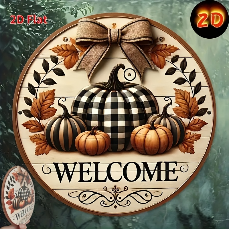 TEMU 2d Flat, 1pc Farmhouse Welcome Sign - Rustic Round Wooden Wall Art With Wreath & Welcome Banner, Artificial Wood Seasonal Fall Decor For Porch,