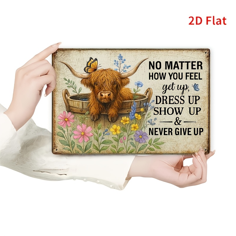 TEMU 2d Flat, A Inspirational Decorative Hanging Plaque, Featuring A Painted Wooden Yak, Colorful Flowers, Plants, And Butterflies With An