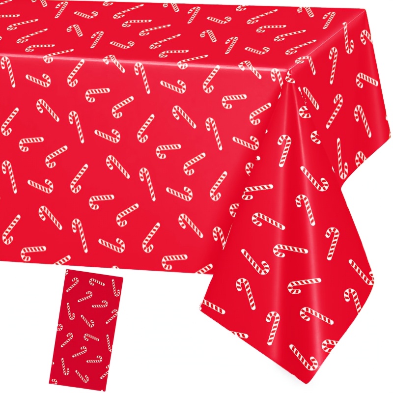 TEMU 1pc Christmas Candy Cane Theme Disposable Plastic Tablecloth, Festive Red Background With Classic Cane Pattern, Strong Holiday Atmosphere,