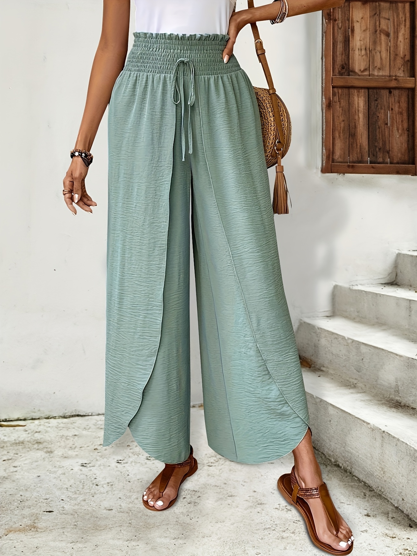 elegant and   wide leg casual pants with overlapping curved  