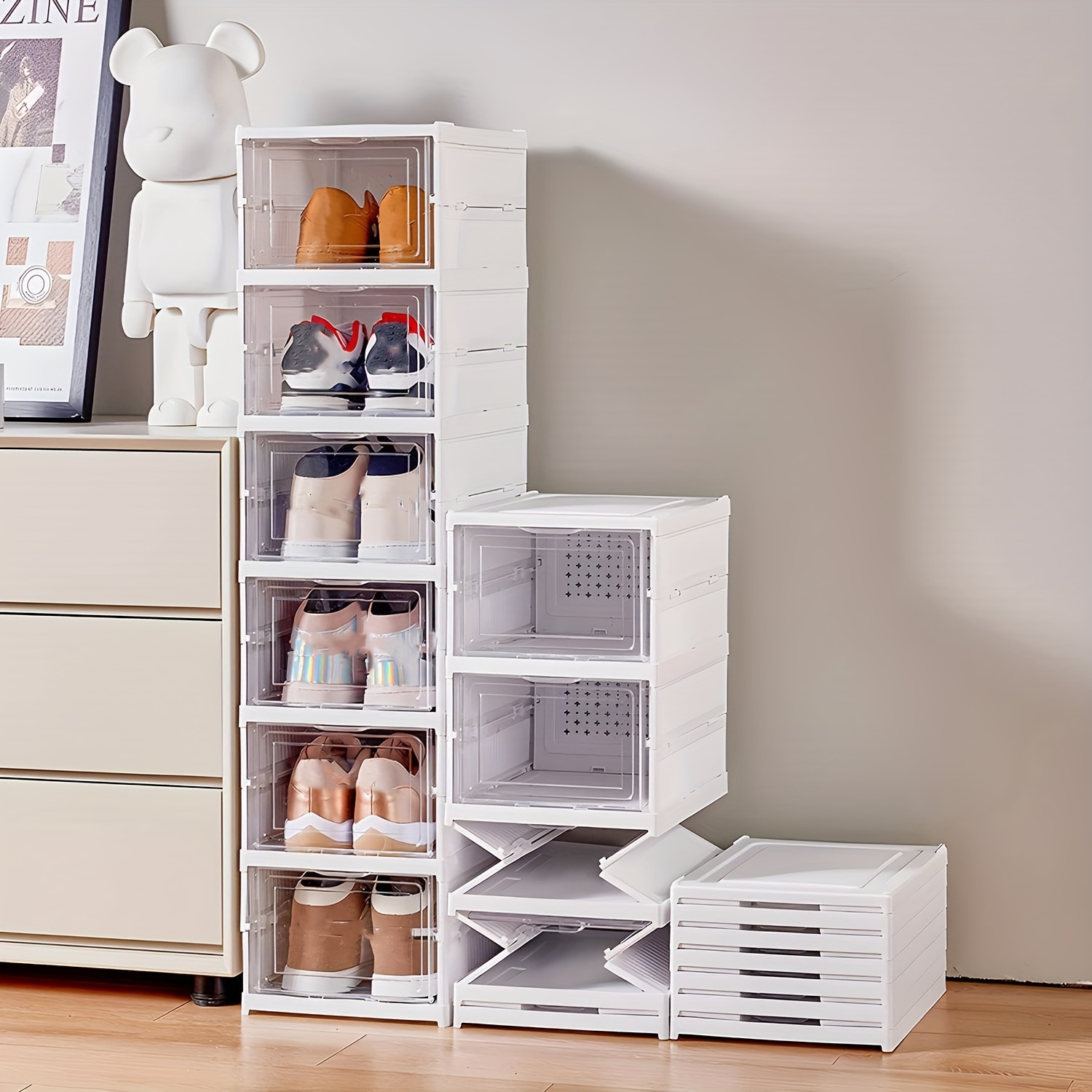 

1pc 6-tier Transparent Shoe Boxes With Door, Foldable Stackable Free Combination Shoe Rack, Plastic Sneaker Container, Space Saving Storage Organizer For Entryway, Bedroom, Home, Dorm