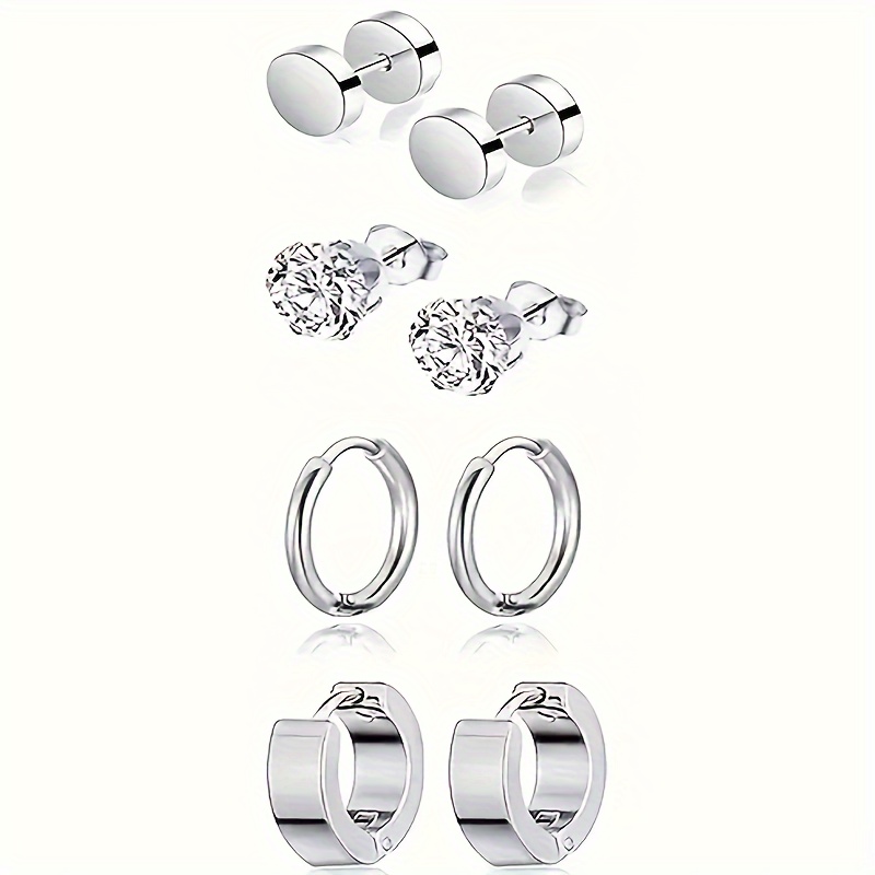 TEMU 12pcs Men's Stainless Steel Earring Set - Punk Style With Rhinestone Accents, Hypoallergenic Studs & Hoops